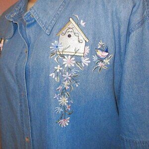 80s Vtg Embroidered Denim Top Size 2X Tunic Love Birds House Short Sleeves NWT
